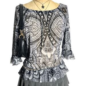 INC Black & White Paisley Ruffle Hem Top Boho Y2K Size Medium